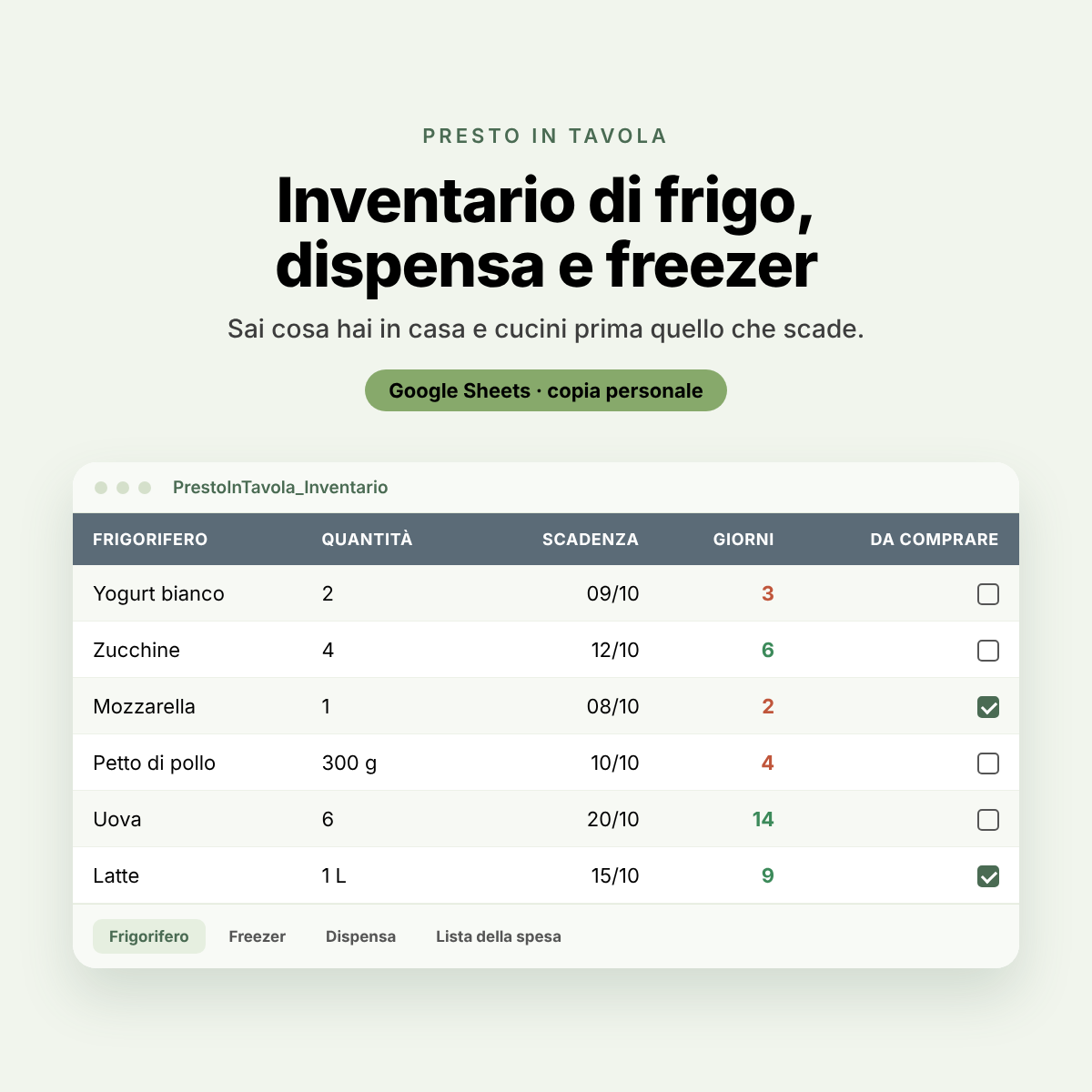 Inventario di frigo, dispensa e freezer